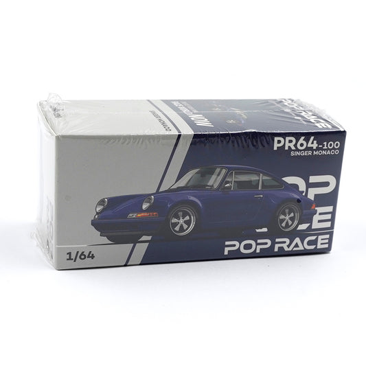 Singer Monaco Midnight Blue 1:64 diecast model by Pop Race, front boxed view