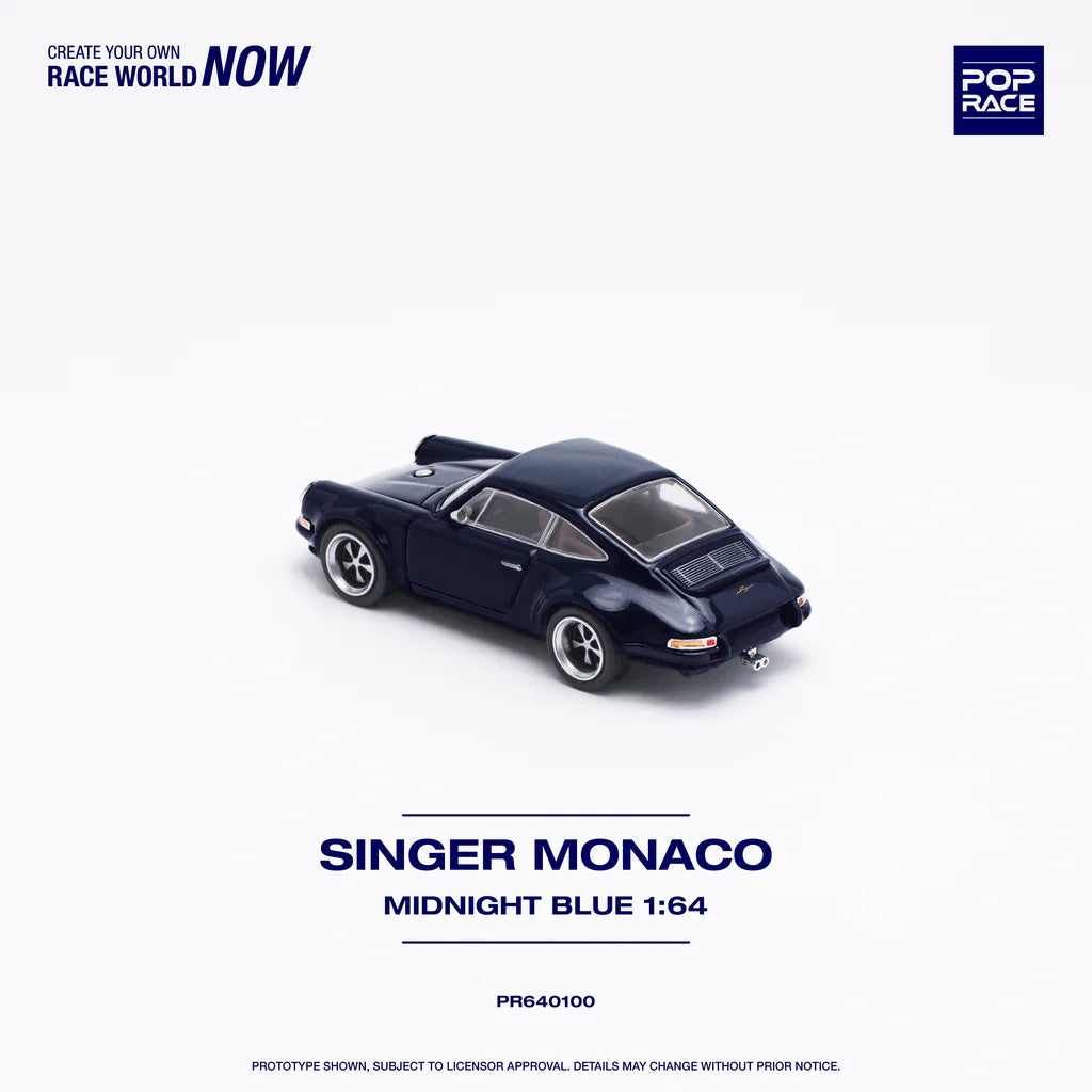 Angled front-left view of Singer Monaco Midnight Blue 1:64 scale model car