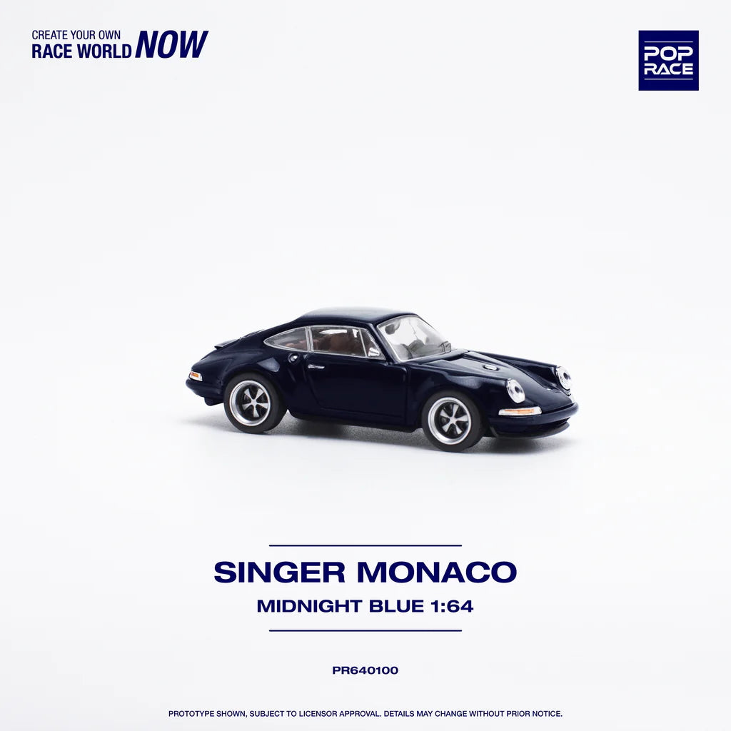 Angled front-right view of Singer Monaco Midnight Blue 1:64 diecast model