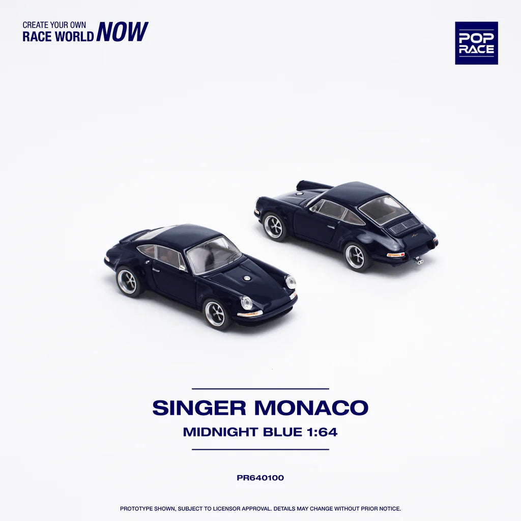 Front and back view of Singer Monaco Midnight Blue 1:64 diecast model by Pop Race
