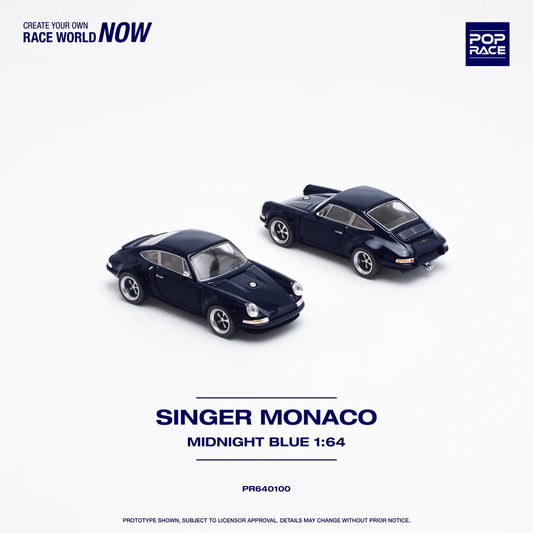 Front and back view of Singer Monaco Midnight Blue 1:64 diecast model by Pop Race