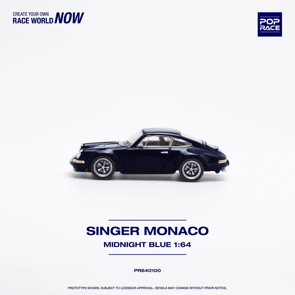 Angled front-left view of Singer Monaco Midnight Blue 1:64 scale model car
