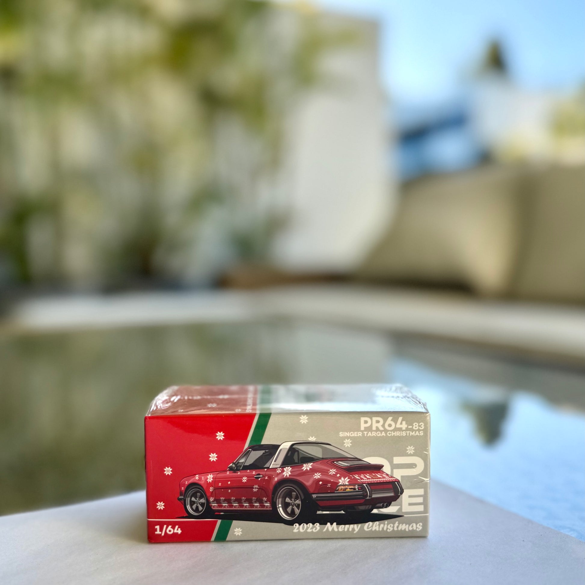 Front panorama view of Pop Race Singer Targa Christmas Edition 2023 diecast car