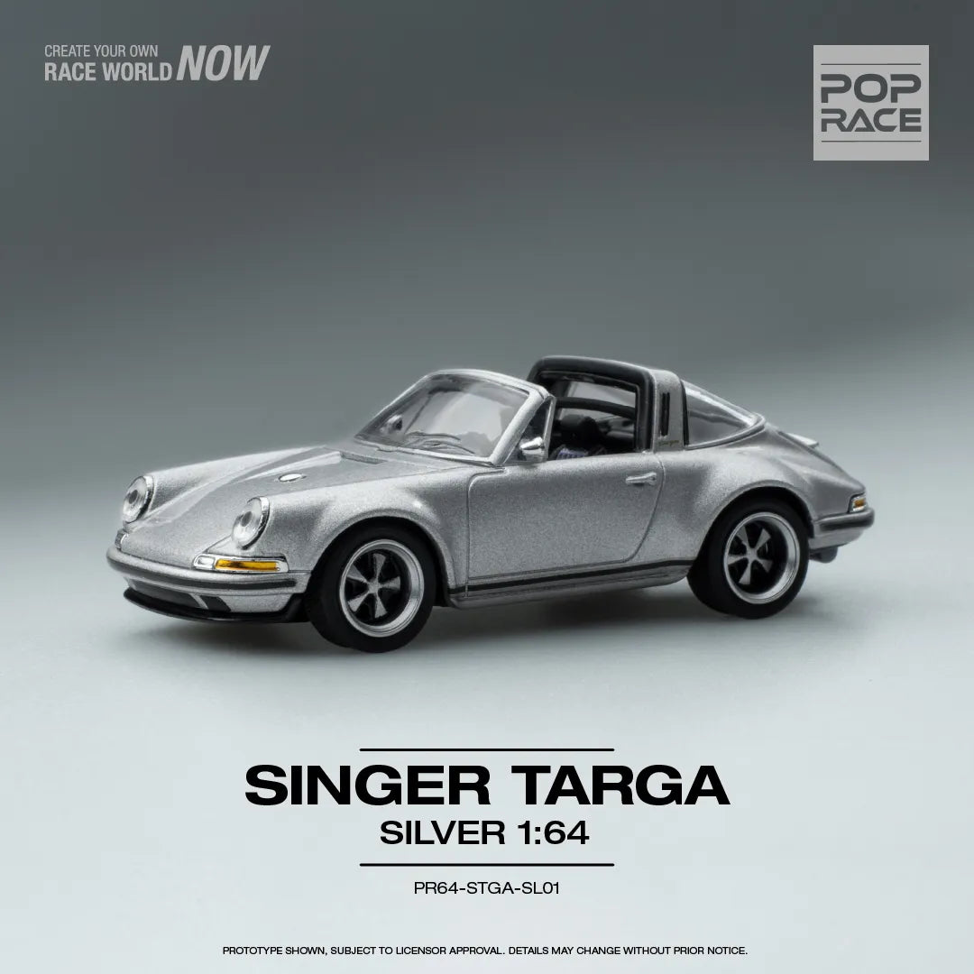 Front view of Singer Targa Silver 1:64 diecast model out of box