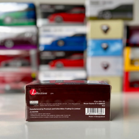 Rear packaging of Tarmac Works Nissan GT-R BNR32 Red diecast model