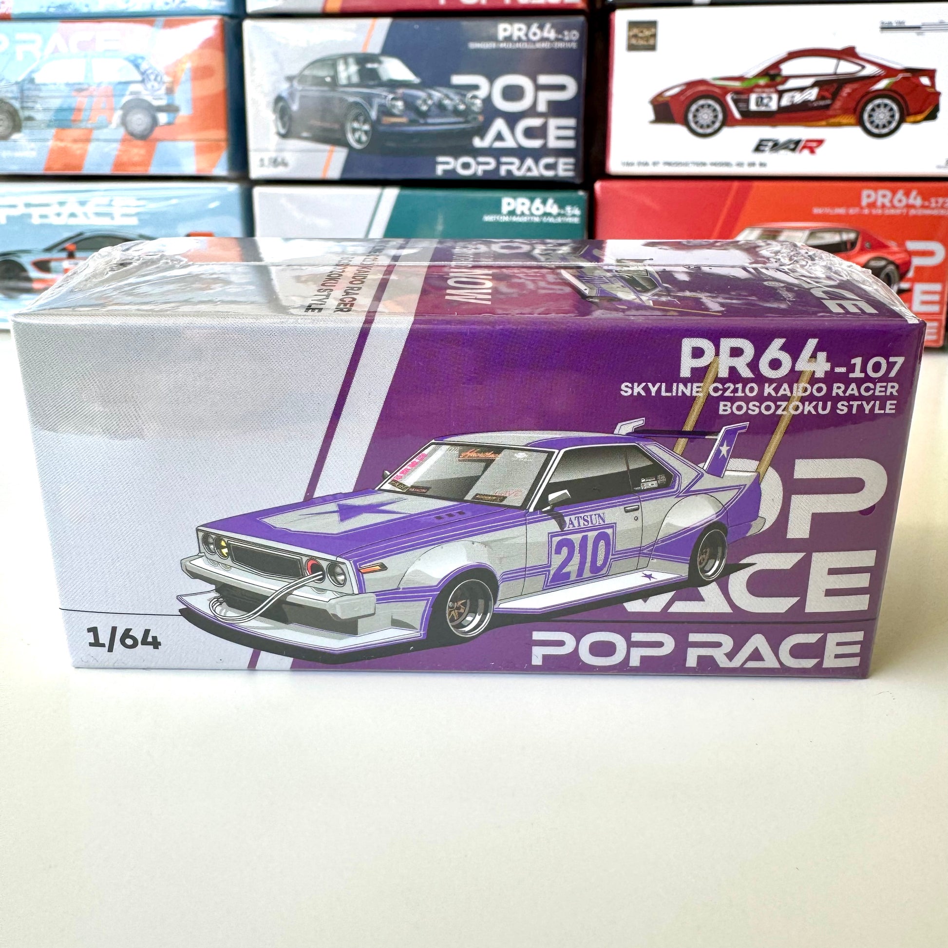 Close up of front view of Skyline C210 Kaido Racer 1:64 diecast model by Pop Race