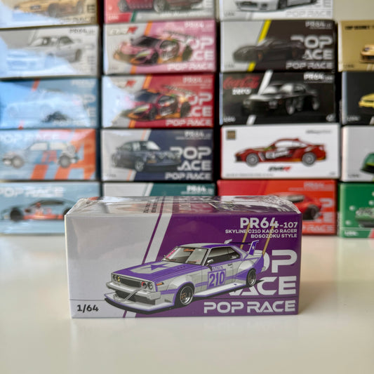 Front view of Skyline C210 Kaido Racer 1:64 diecast model by Pop Race