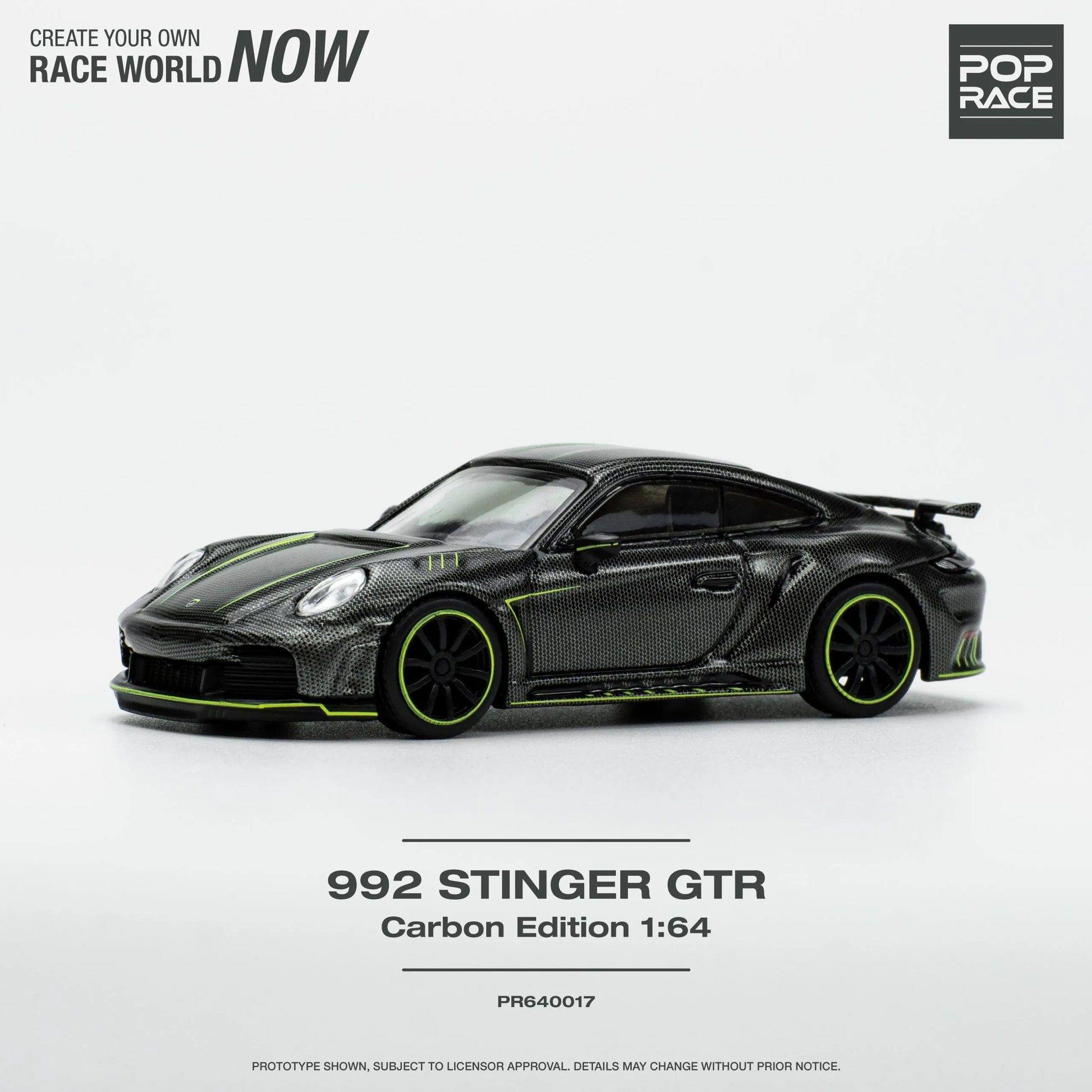 Side profile showing widebody styling on 992 Stinger GTR Carbon diecast car