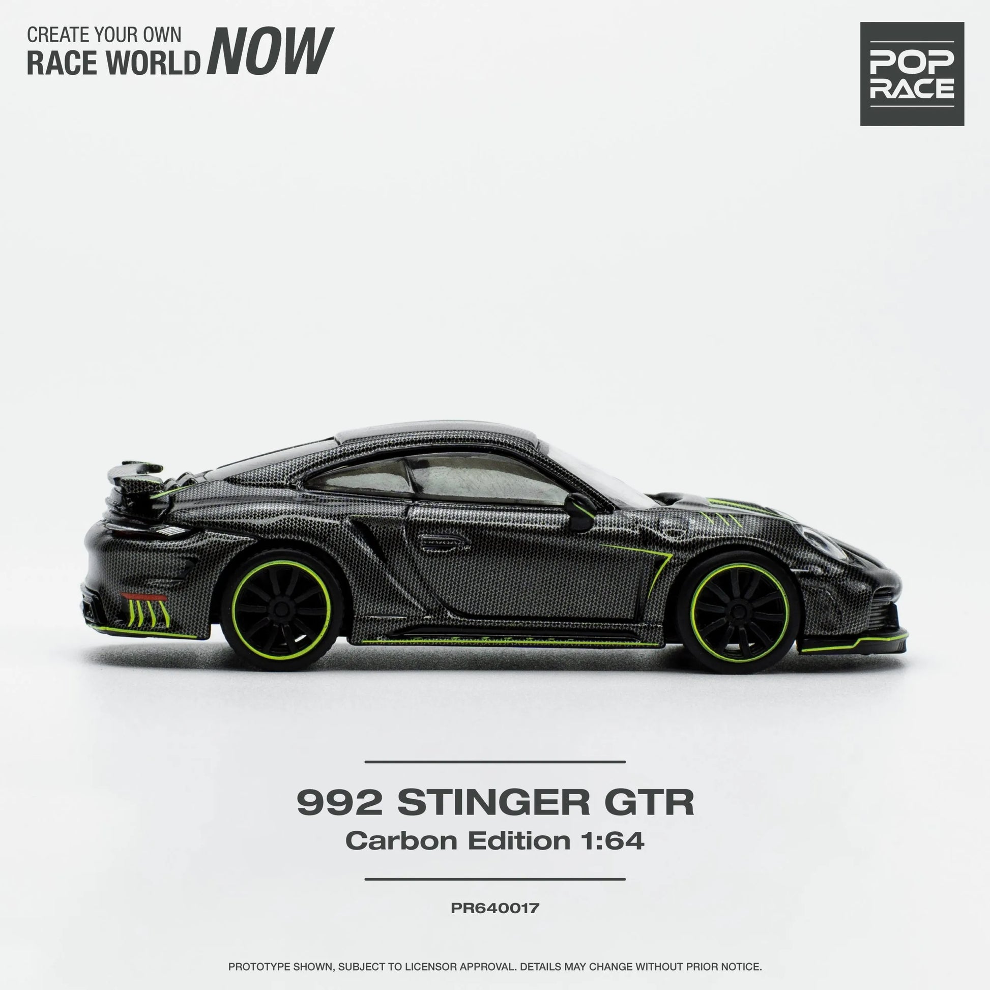 Side profile showing widebody styling on 992 Stinger GTR Carbon diecast car unboxed