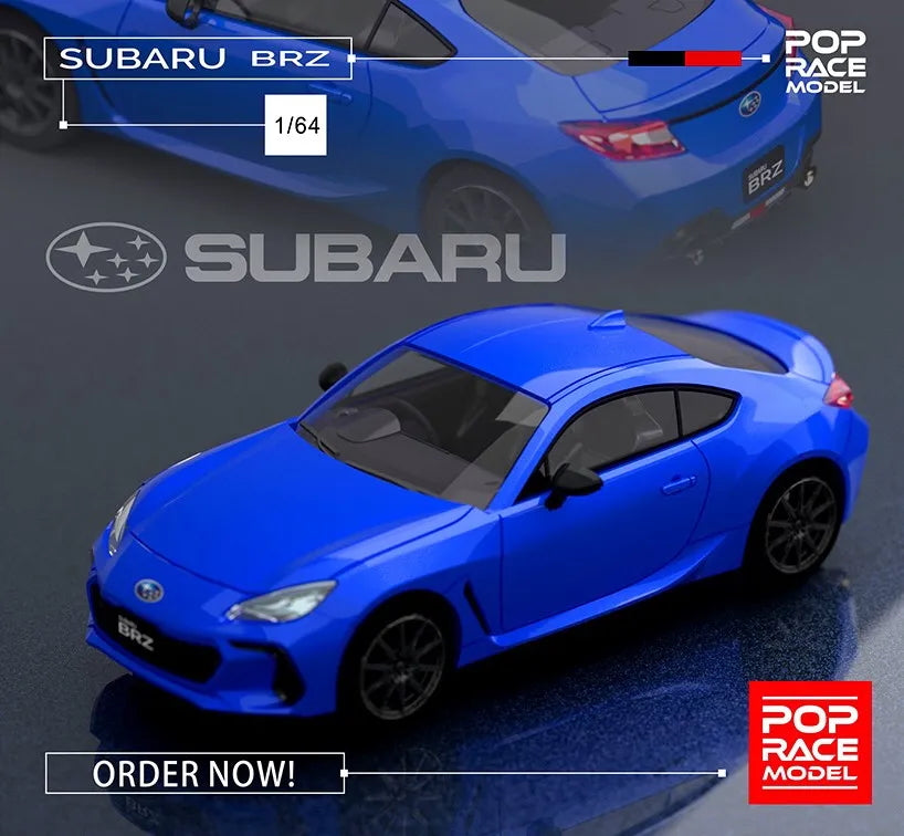 Front angle of Subaru BRZ WR Blue diecast in diorama setting – 1:64 scale