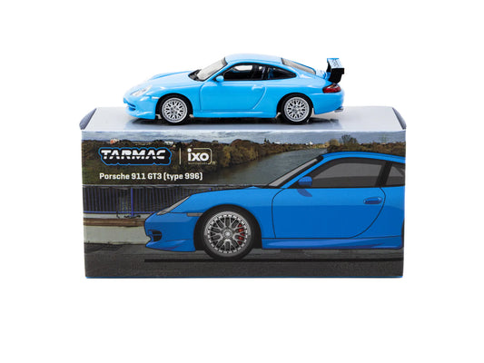 Tarmac Works T64G-069-BL Porsche 911 GT3 996 Light Blue 1:64 diecast box front and unboxed