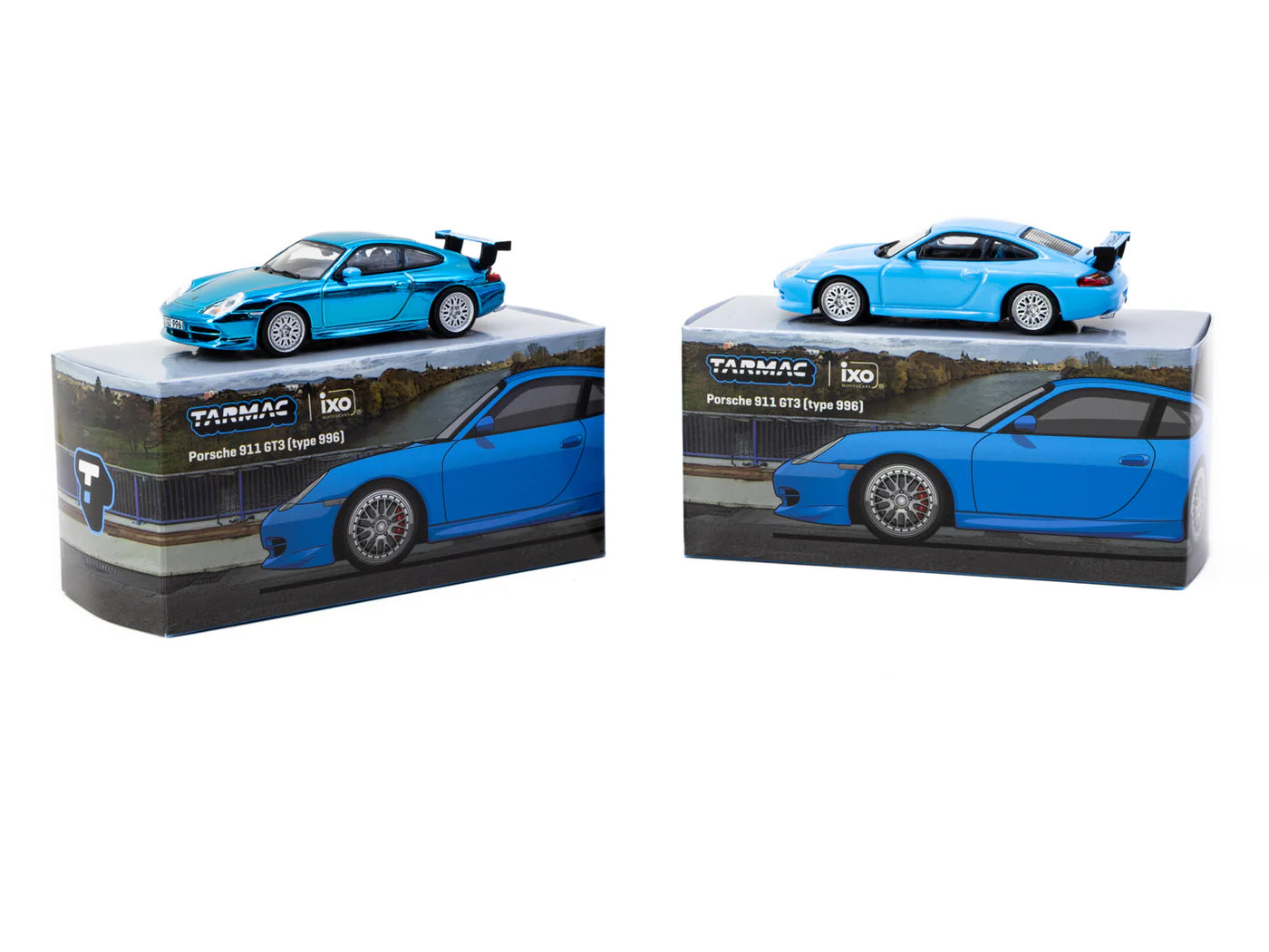 Tarmac Works T64G-069-BL Porsche 911 GT3 996 Light Blue 1:64 diecast box front with chase