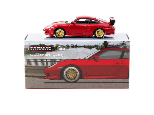 Tarmac Works T64G-069-RE Porsche 911 GT3 996 Red 1:64 diecast box front and unboxed