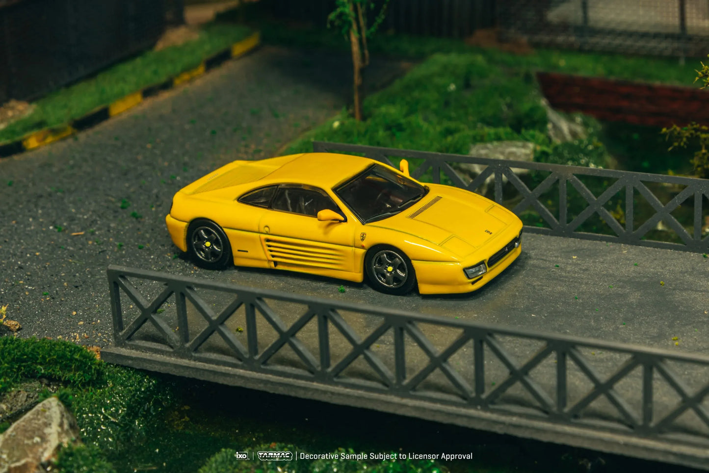 Ferrari 348 Challenge Yellow 1:64 diecast pit lane diorama display on bridge