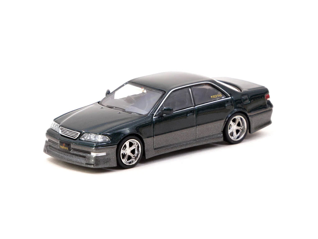 Front view of Tarmac Works Toyota Mark II JZX100 Vertex Dark Green Metallic 1:64