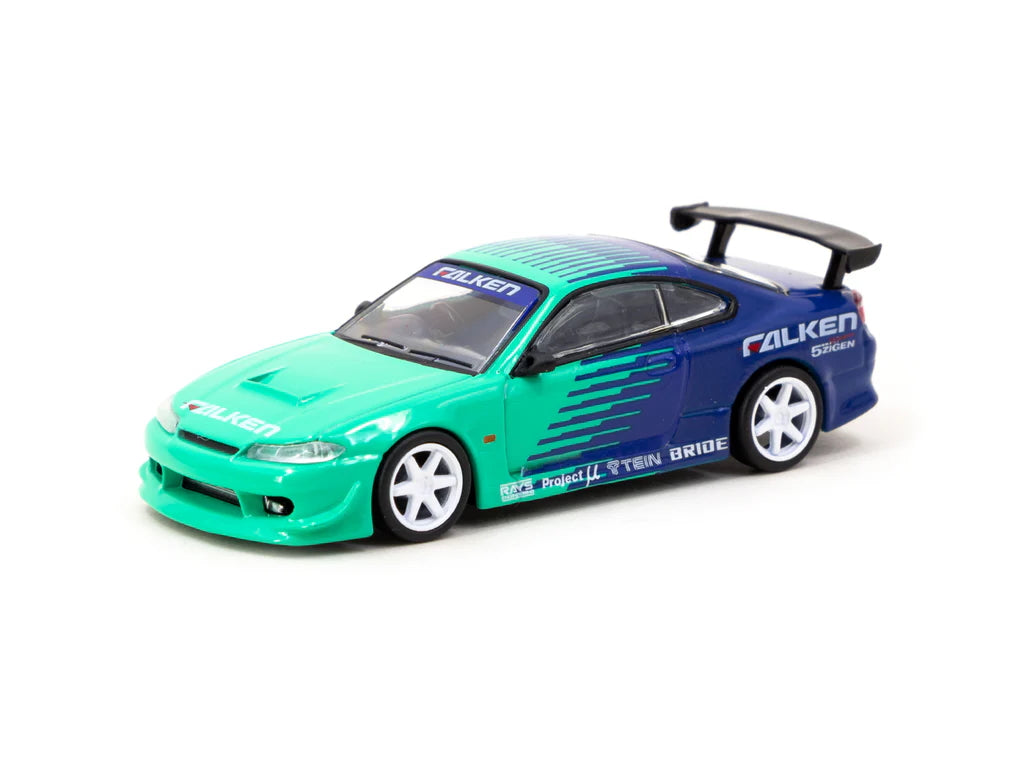 Front view of Tarmac Works Nissan Silvia S15 Vertex Falken Livery 1:64 model