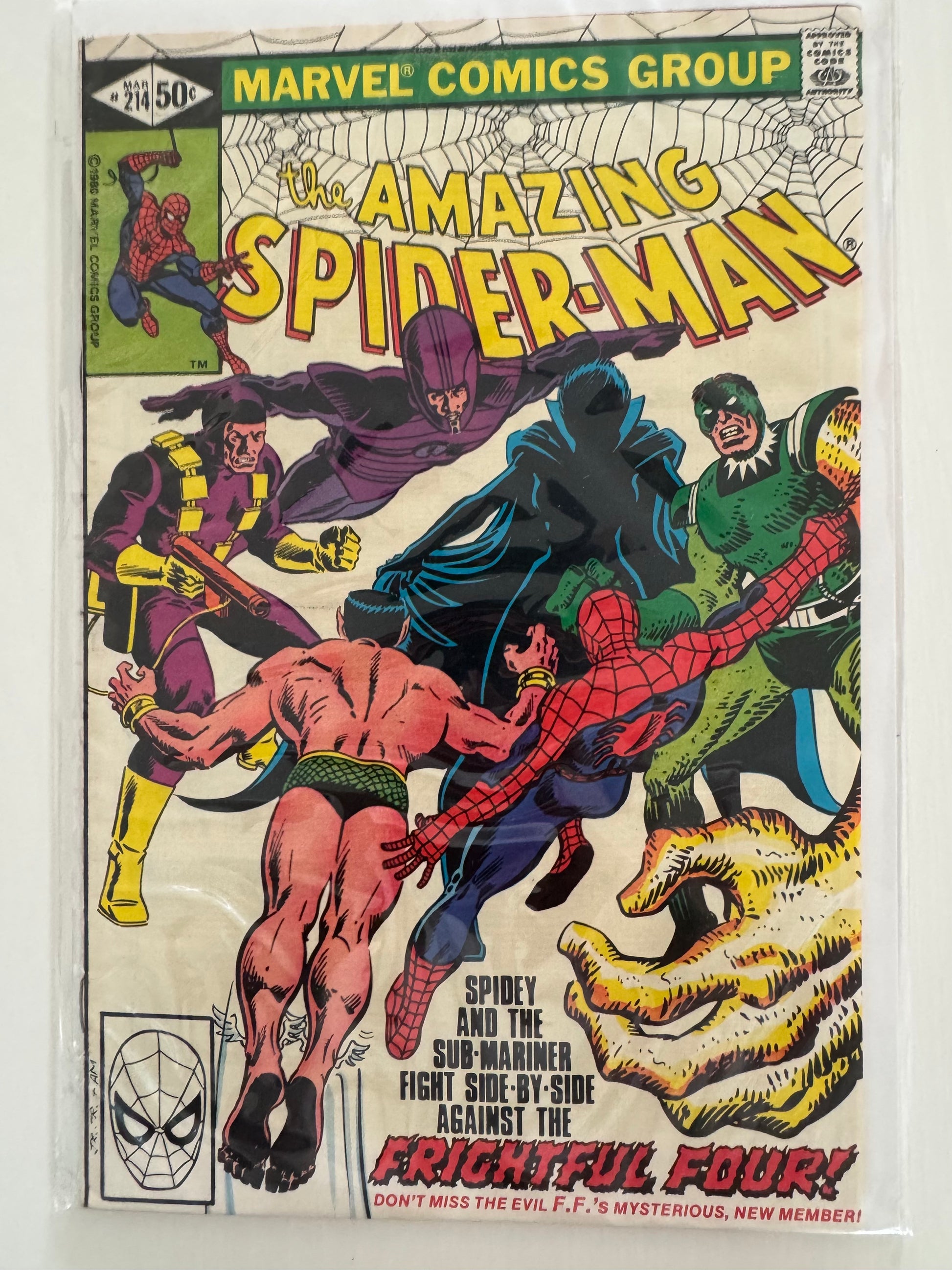 The Amazing Spider-Man Issue #214 comic book published in 1981 by Marvel Comics, featuring Spider-Man battling Namor the Sub-Mariner on the original cover.