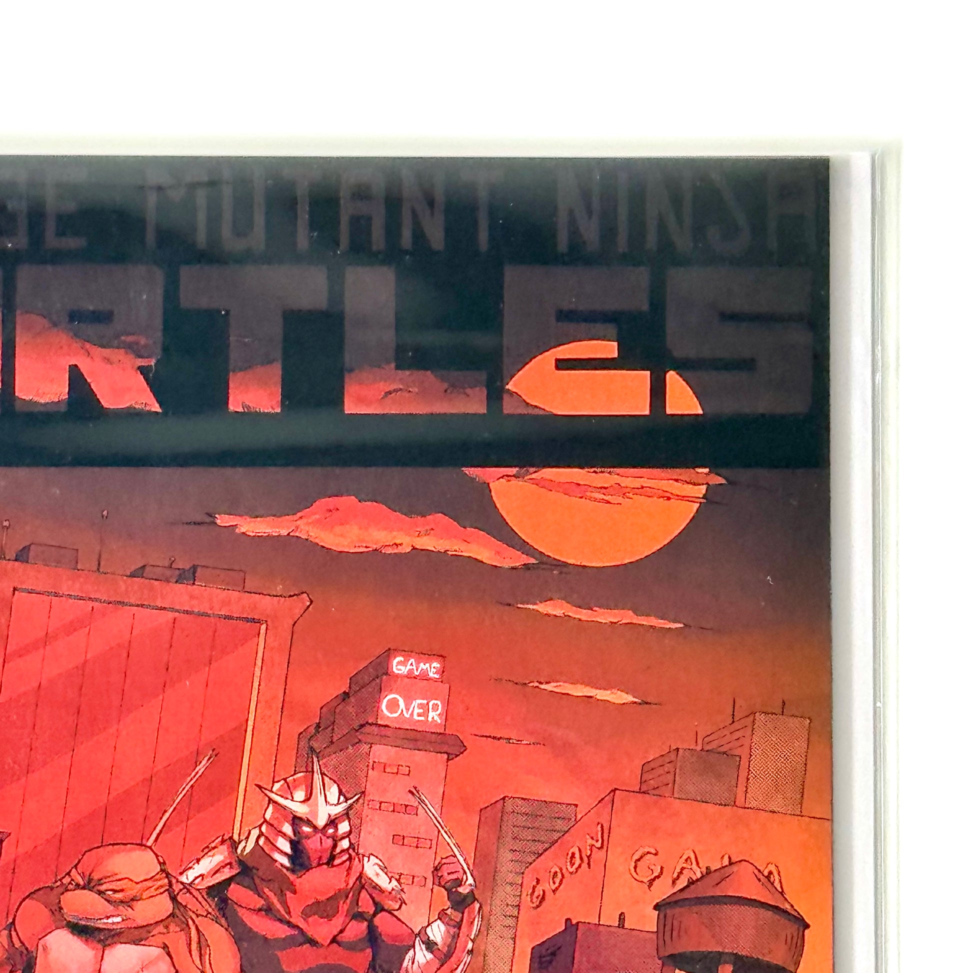 Close-up of top right corner of TMNT: Armageddon Game #1 Noah Sult Homage Cover