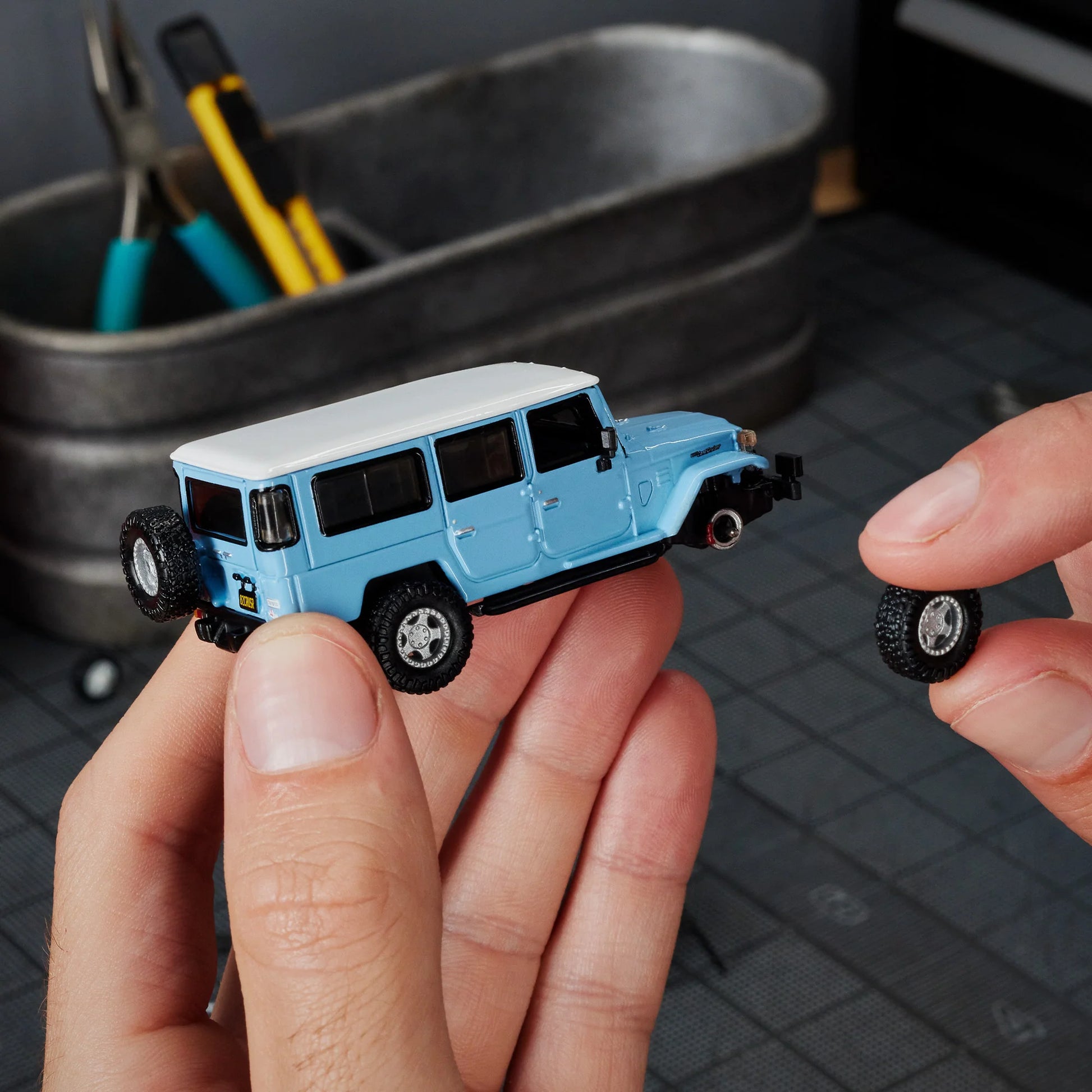 Custom 5-star and steelie wheels for Hot Wheels FJ45 model