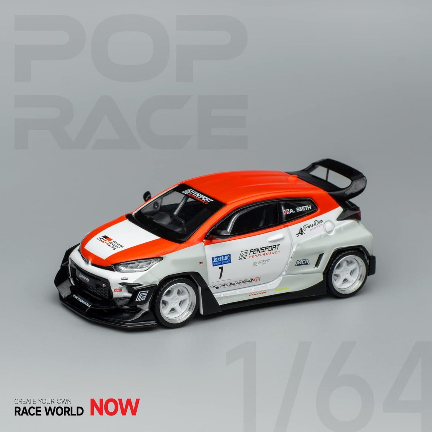 Front-left angle of Toyota GR Yaris Pandem Fensport 1:64 model by Pop Race