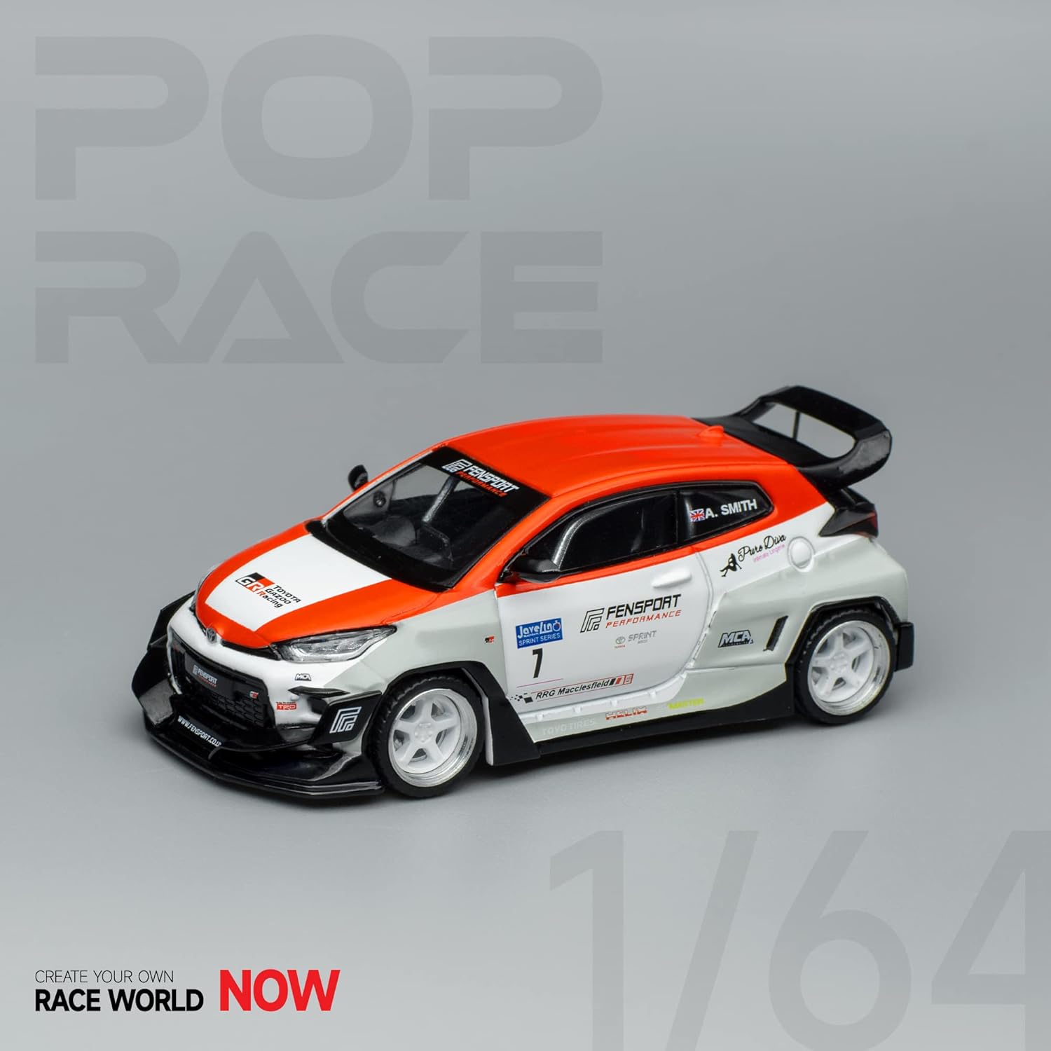 Front-left angle of Toyota GR Yaris Pandem Fensport 1:64 model by Pop Race