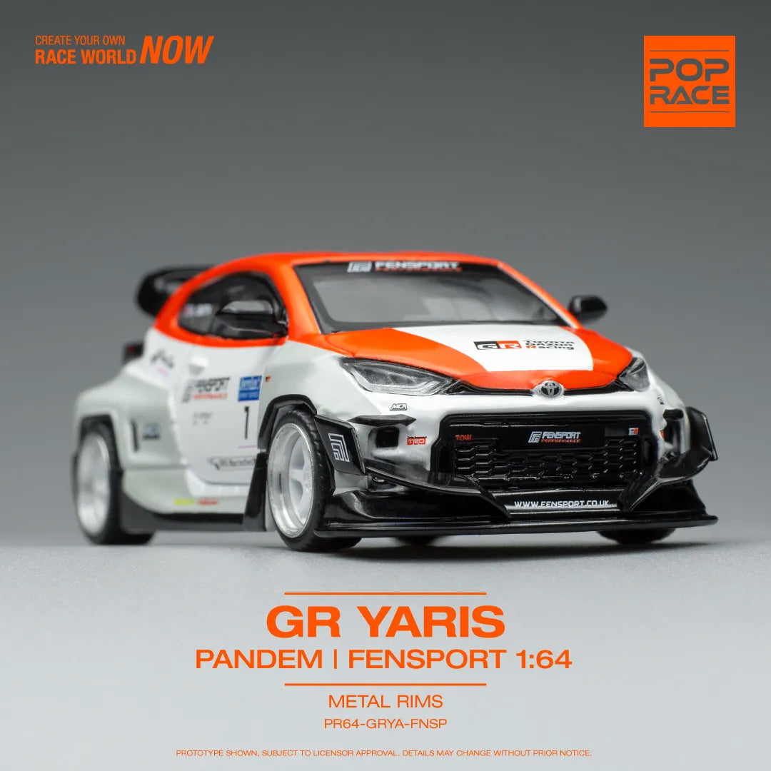 Front view of Toyota GR Yaris Pandem Fensport 1:64 diecast model out of box