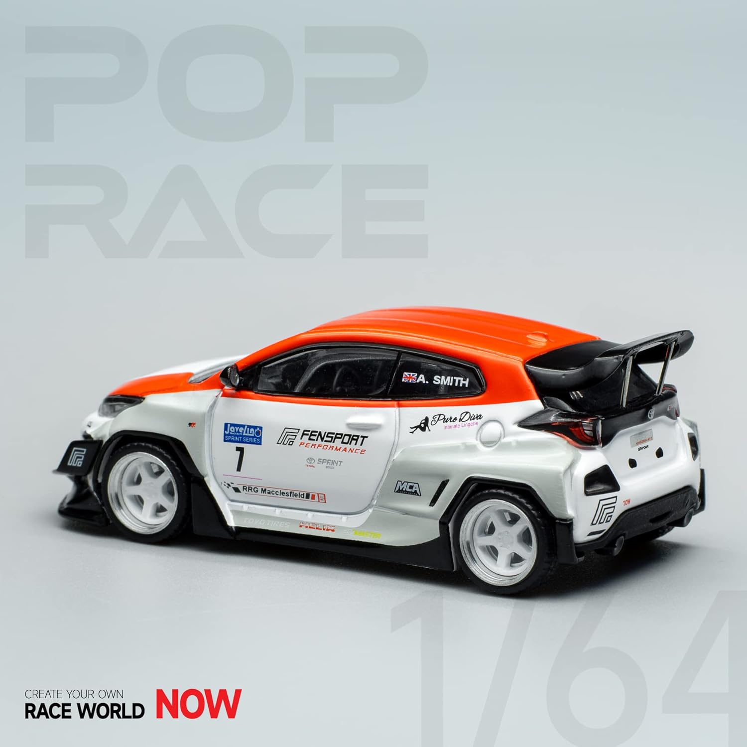 Left side view of Toyota GR Yaris Pandem Fensport diecast model car