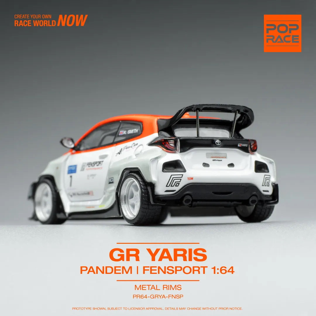Rear view of 1:64 Toyota GR Yaris Pandem Fensport diecast by Pop Race