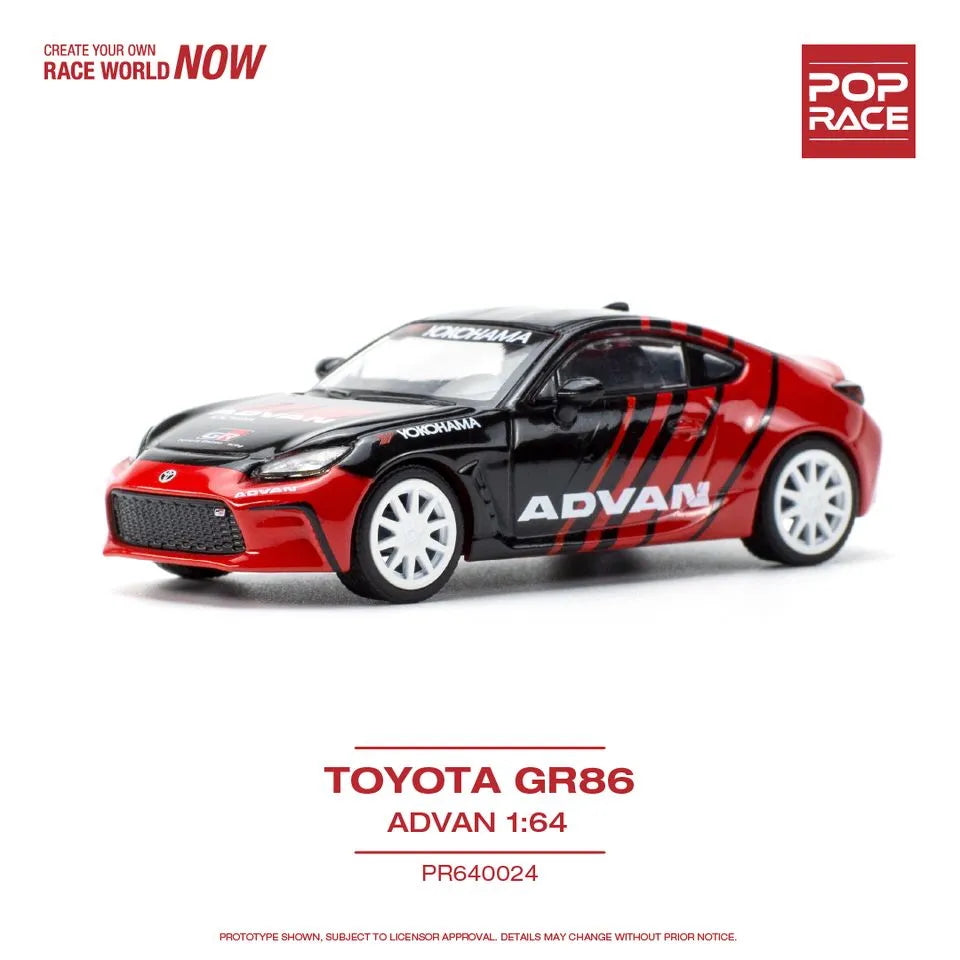 Front-left angled view of Toyota GR86 Advan 1:64 model out of box