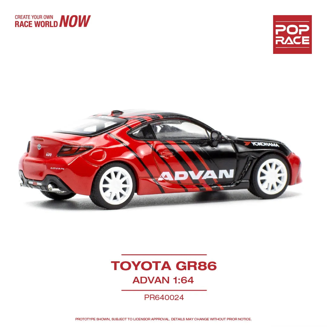 Front-right angled shot of Toyota GR86 Advan livery diecast – 1:64 Pop Race