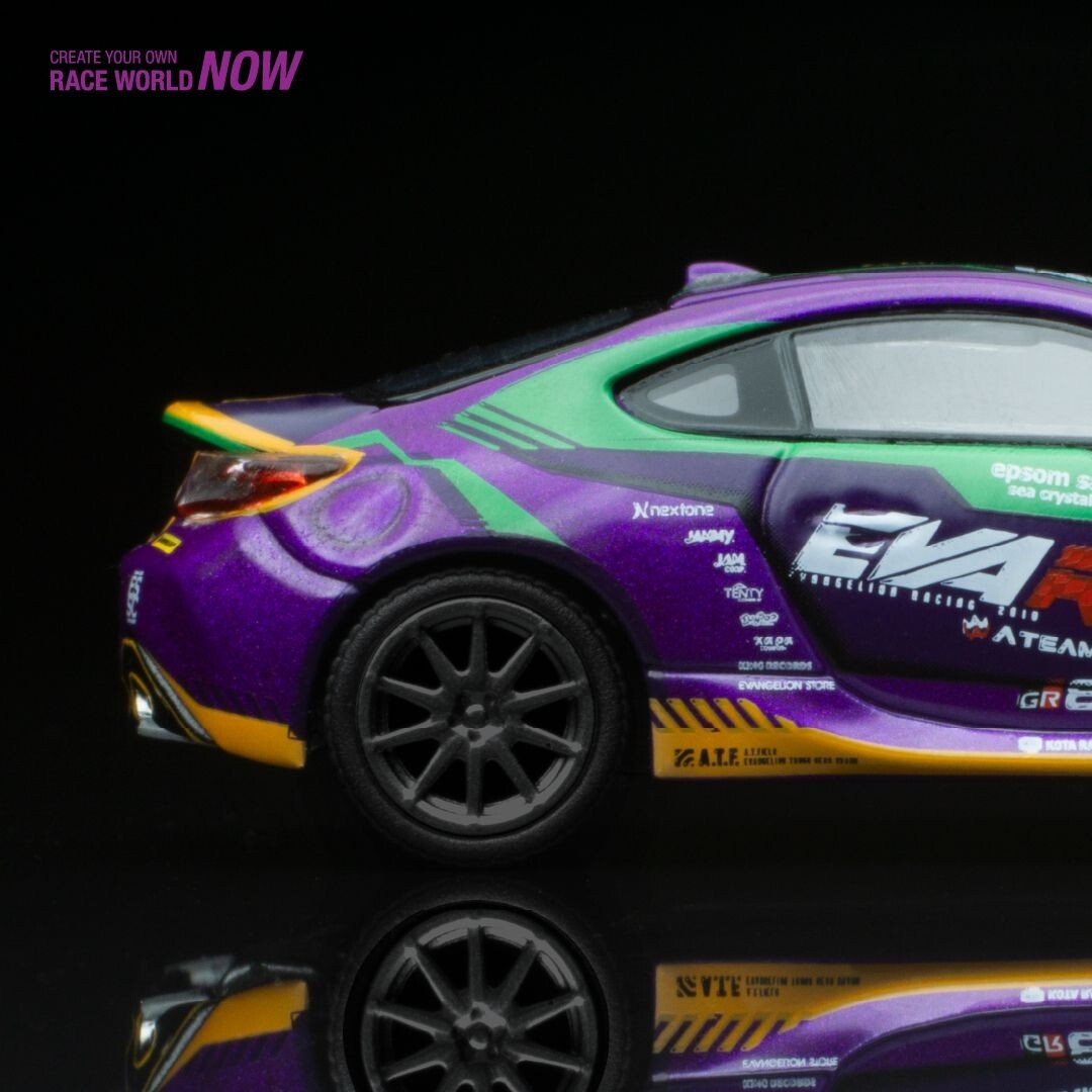 Rear angle of unboxed GR86 EVA01 diecast in anime-themed livery