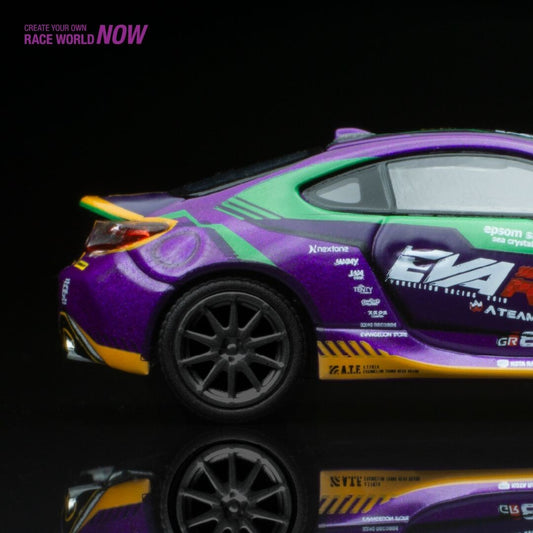 Rear angle of unboxed GR86 EVA01 diecast in anime-themed livery