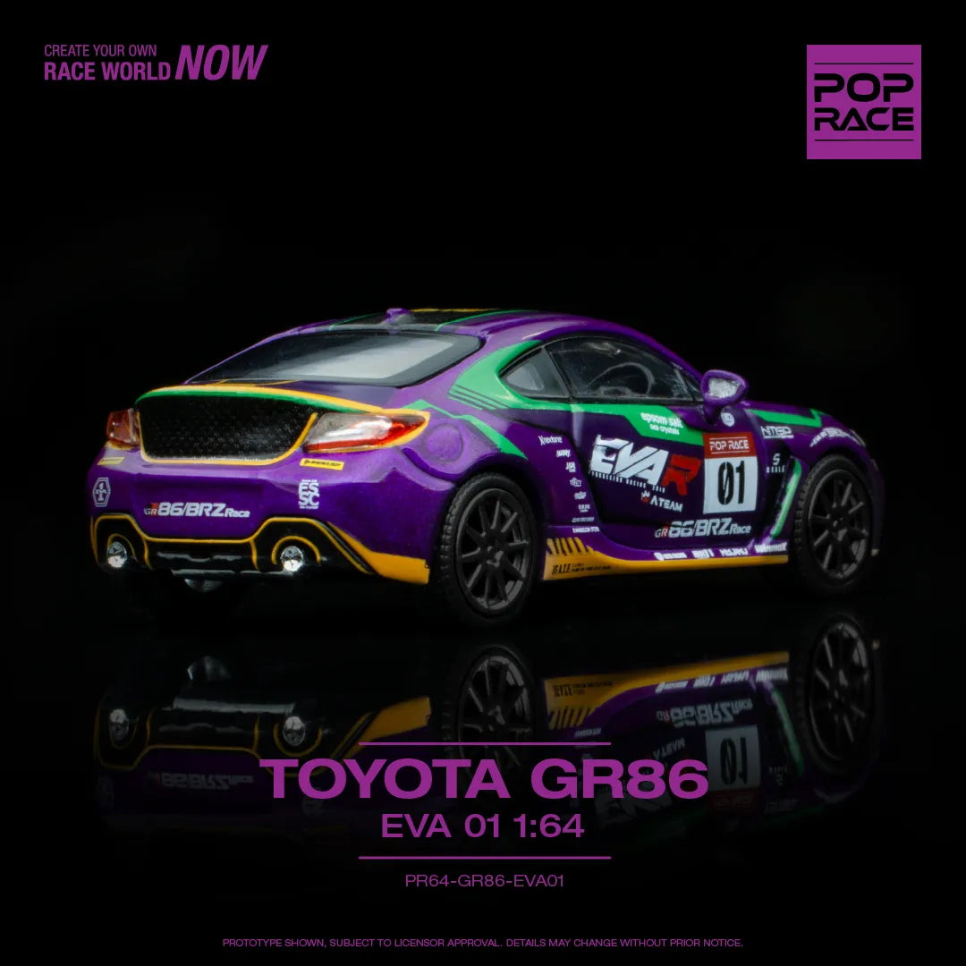 Rear angle of unboxed GR86 EVA01 diecast in anime-themed livery