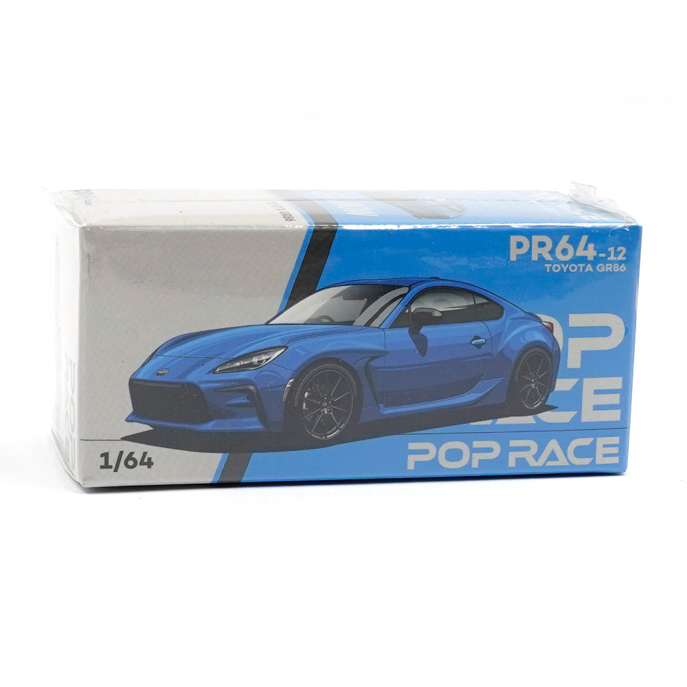 Front view of boxed Toyota GR86 Neptune Blue 1:64 diecast by Pop Race