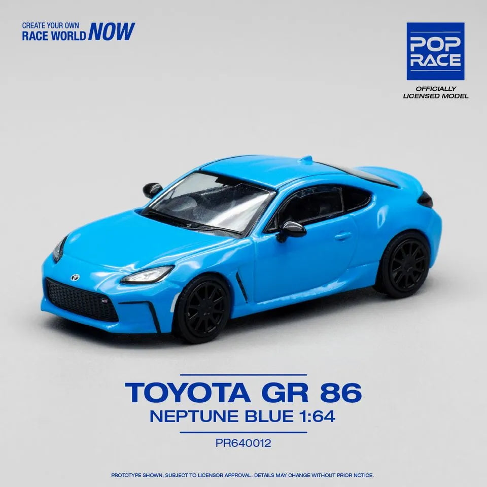 Front view of 1:64 Toyota GR86 Neptune Blue scale model