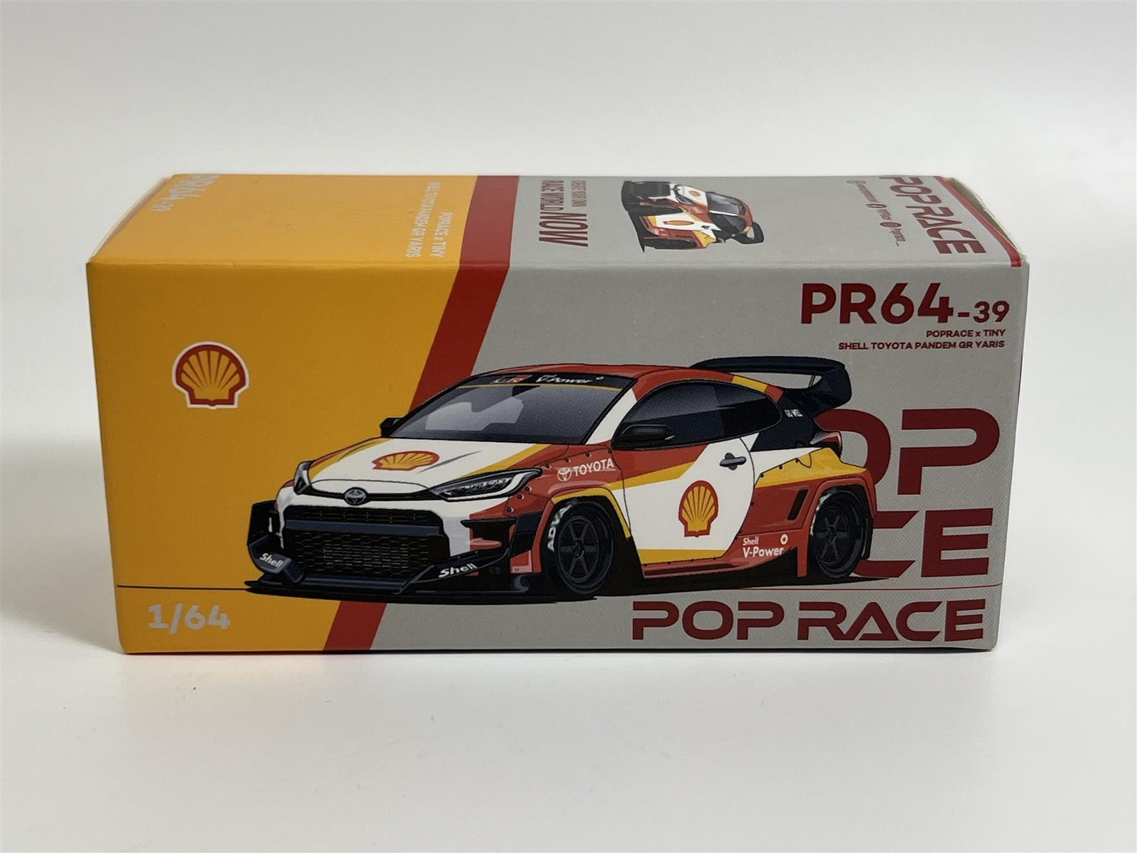 Front view of boxed Toyota Pandem GR Yaris 1:64 by Pop Race x Tiny Shell