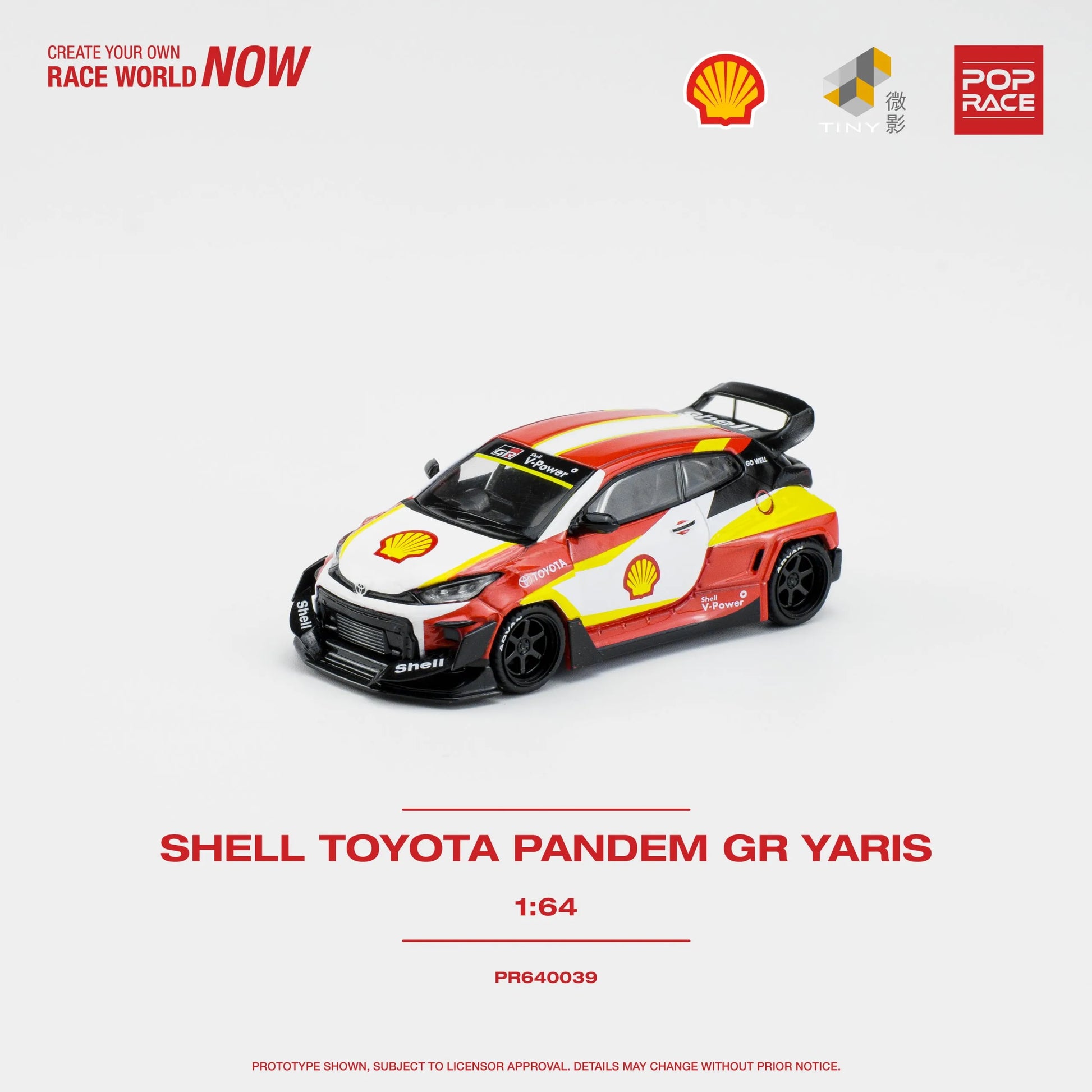 Pop Race GR Yaris Pandem model displayed on clear base in diorama setup