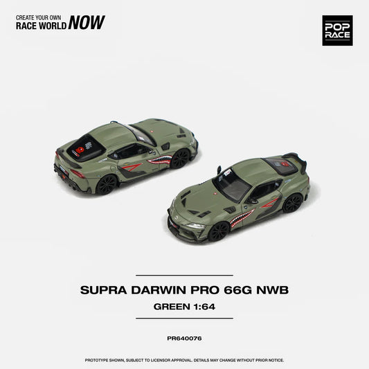 Side by side view of unboxed green Toyota Supra 66G NWB Darwin Pro 1:64 model