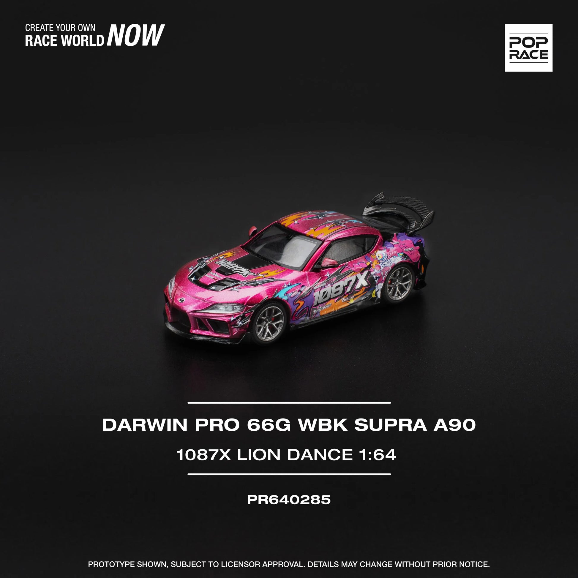 Front angle of unboxed Toyota Supra Darwin Pro Lion Dance diecast model by Pop Race