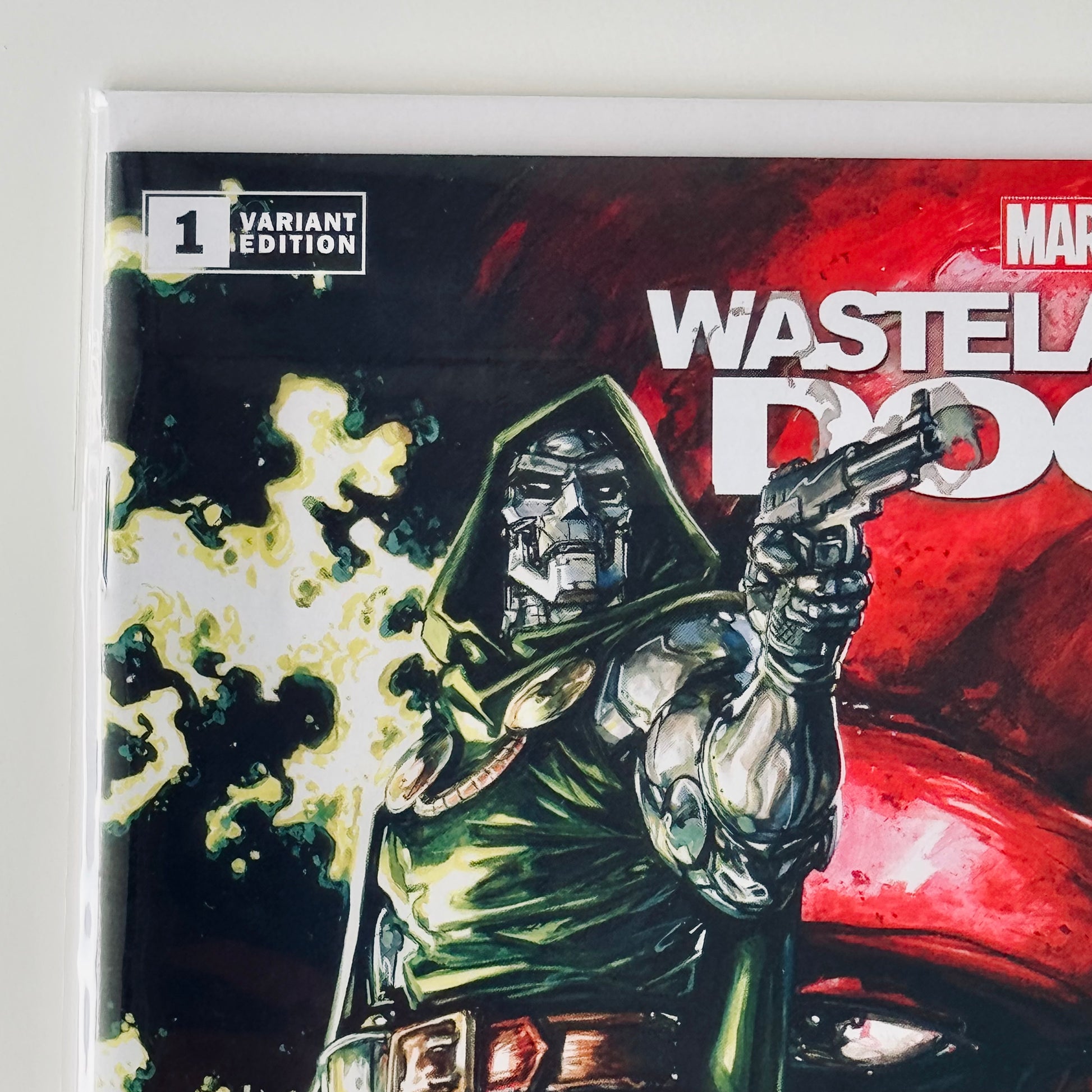 Close-up of top left corner of Wastelanders: Doom #1 Clayton Crain Variant