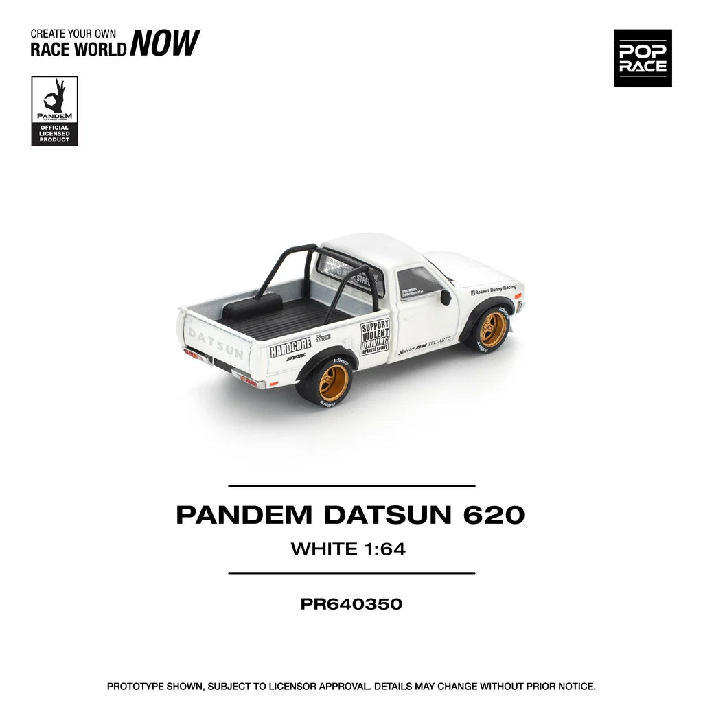 Pop Race Datsun 620 Pandem White 1:64 diecast model rear three-quarter view