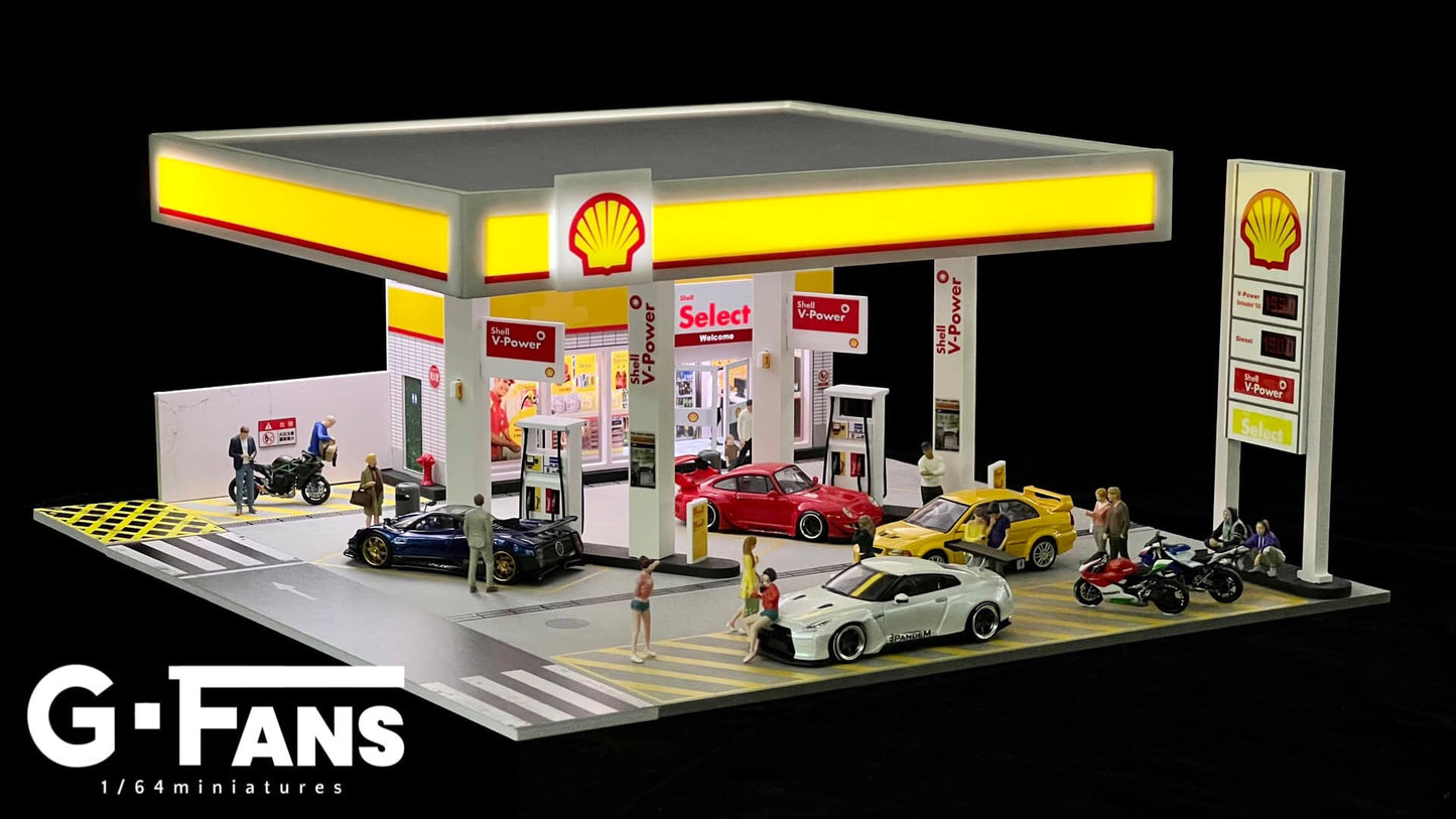 G-Fans Shell Station Diorama Display with LED Lights – 1:64 Scale for Diecast Cars (710035)