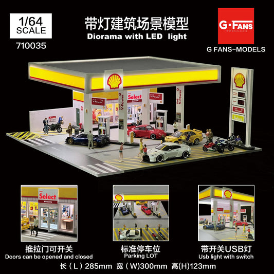 G-Fans Shell Station Diorama Display with LED Lights – 1:64 Scale for Diecast Cars (710035)