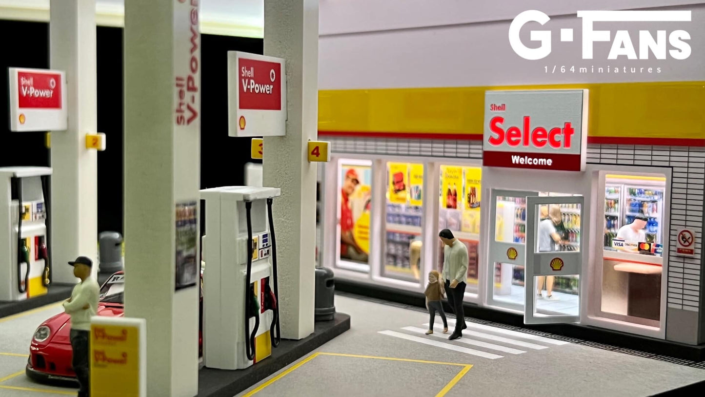 G-Fans Shell Station Diorama Display with LED Lights – 1:64 Scale for Diecast Cars (710035)