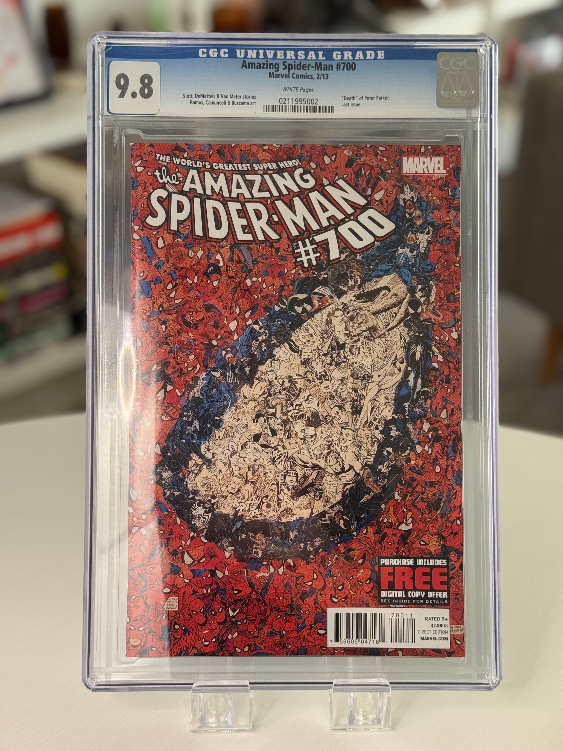 CGC 9.8 graded Amazing Spider-Man #700 comic featuring the death of Peter Parker and final issue of the original series