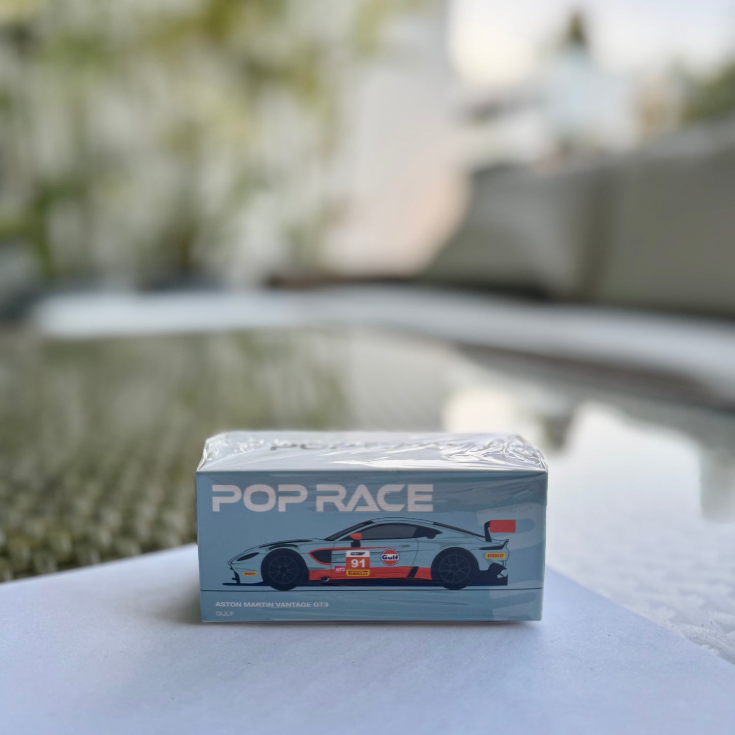 Front view of 1:64 Aston Martin Vantage GT3 Gulf diecast model by Pop Race