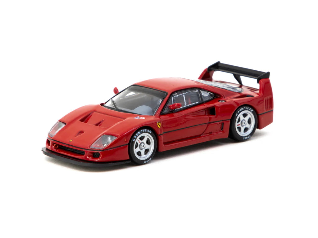 Front view of Ferrari F40 LM Red 1:64 on display stand