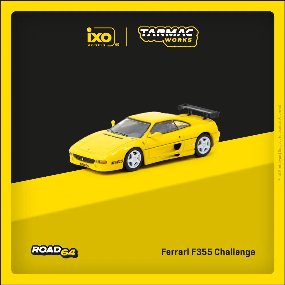 Brochure Ferrari F355 Challenge Yellow diecast car displayed in racing diorama scene – side view