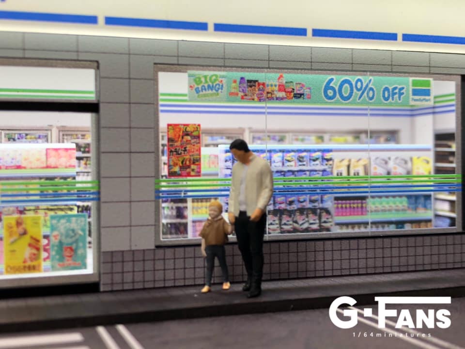Nighttime setup of Family Mart diorama with lighting 