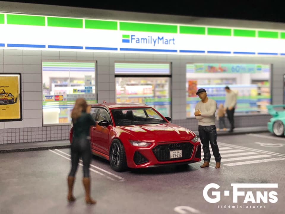 1:64 diecast cars displayed on Family Mart diorama (cars and miniatures not included)